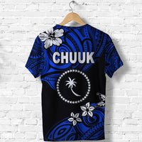 Back view CHUUK T-shirt in blue and black, large CHUUK text and hibiscus circle
