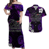 Purple off-shoulder maxi dress with tribal pattern and 'Love Dad' print