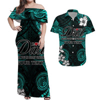 Turquoise off-shoulder Dad matching dress with Polynesian floral and custom text