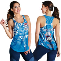 Blue rugby tank top with V-neck and white geometric Samoa graphic print