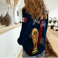Women’s casual jersey shirt, dark blue with red stripe and large gold mask graphic