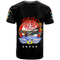 Black crewneck T-shirt with red-and-blue wings emblem and fighter plane front graphic