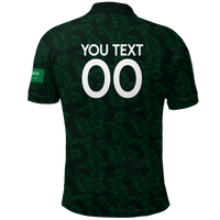 Dark green polo shirt with palm leaf pattern, back print YOU TEXT and 00