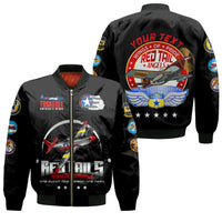 Black bomber jacket with front and back art, red wings logo, and colorful sleeve patches