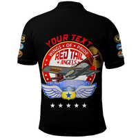 Black polo shirt with red and blue airplane wing graphic on back
