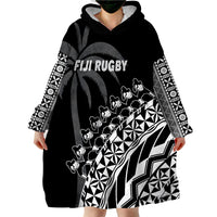 (Custom Text And Number) Fiji Rugby Fijian Cibi Dance Tapa Pattern Black Wearable Blanket Hoodie - Wonder Print Shop