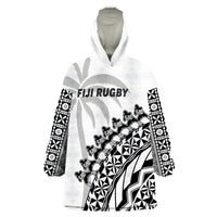 (Custom Text And Number) Fiji Rugby Fijian Cibi Dance Tapa Pattern White Wearable Blanket Hoodie - Wonder Print Shop