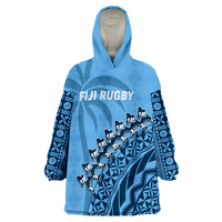 (Custom Text And Number) Fiji Tapa Rugby Fijian Cibi Dance Tapa Pattern Blue Wearable Blanket Hoodie - Wonder Print Shop