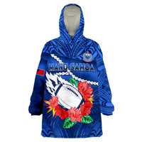 (Custom Text And Number) Samoa Rugby Manu Samoa Polynesian Hibiscus Blue Style Wearable Blanket Hoodie - Wonder Print Shop