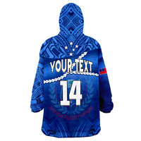 (Custom Text And Number) Samoa Rugby Manu Samoa Polynesian Hibiscus Blue Style Wearable Blanket Hoodie - Wonder Print Shop