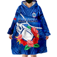 (Custom Text And Number) Samoa Rugby Manu Samoa Polynesian Hibiscus Blue Style Wearable Blanket Hoodie - Wonder Print Shop