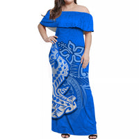 Blue off-shoulder long dress with ruffle neckline and large hammerhead shark graphic