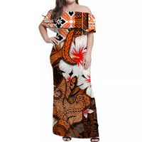 Off-shoulder maxi dress front view, multicolor tribal shark and flower print