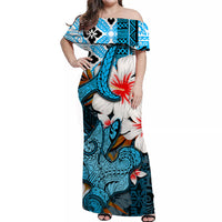 Hawaiian off-shoulder maxi dress, blue multicolor hibiscus and leaf print