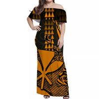 Off-shoulder Hawaiian maxi dress, black with amber tiki-style motifs and stripes