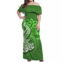 Green off-shoulder maxi dress, hammerhead shark graphic Polynesian motif