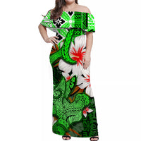 Green hawaiian maxi dress with hibiscus flowers, black hammerhead shark, off-shoulder style