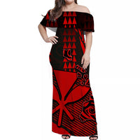 Off-shoulder Hawaiian maxi dress, red/black tribal print