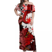 Off-shoulder maxi dress with bold red, black, and white tropical shark-and-flower design
