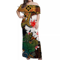 Long off-shoulder hawaiian dress with multicolor shark and hibiscus floral print