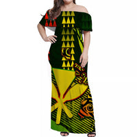 Multicolor off-shoulder Hawaiian maxi dress with geometric tiki print, green and yellow
