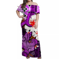 Purple off-shoulder Hawaiian maxi dress with hibiscus and hammerhead shark print