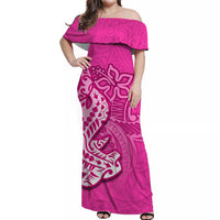 Pink off-shoulder maxi dress with Polynesian shark motif, short sleeves, ruffle neckline