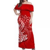 Red off-shoulder Hawaiian shark maxi dress with white tribal pattern