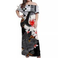 Off-shoulder maxi dress, black/white shark print with orange and red hibiscus flowers