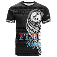 Black tapa-pattern rugby t-shirt with circular BATI emblem and Fiji Rugby text