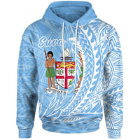 Blue pullover hoodie with Suva wings front graphic and drawstring hood