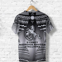 Black rugby T-shirt back with patterned yoke, sunburst and large horse graphic