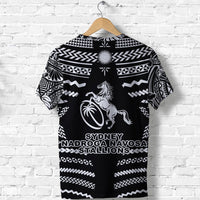 Black rugby T-shirt back view with circular dot accents, horse emblem, and team lettering