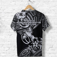 Black rugby T-shirt back with crest emblem, tribal patterns, and Sydney Nadroga Stallions text