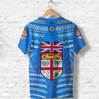 Blue Fiji day T-shirt back with large shield crest and tribal stripe border