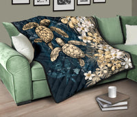 Kanaka Maoli (Hawaiian) Premium Quilt - Sea Turtle Tropical Hibiscus and Plumeria Gold - Wonder Print Shop