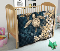 Kanaka Maoli (Hawaiian) Premium Quilt - Sea Turtle Tropical Hibiscus and Plumeria Gold - Wonder Print Shop