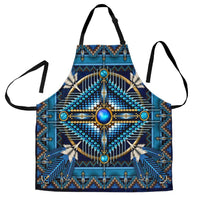 Blue Native American mandala apron with adjustable black straps and multicolor geometric design