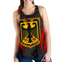 Black racerback tank close-up with “GERMAN” shield graphic, red stripe detail
