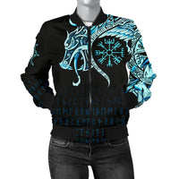 Viking Women's Bomber Jacket, Fenrir Raven and Vegvisir Tattoo Cyan RLT12 - Wonder Print Shop