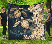 Kanaka Maoli (Hawaiian) Premium Quilt - Sea Turtle Tropical Hibiscus and Plumeria Gold - Wonder Print Shop