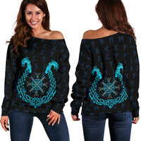 Viking Women's Off Shoulder Sweater, Aegishjalmur Helm Of Awe Blue Edition RLT12 - Wonder Print Shop