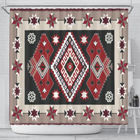 Boho geometric shower curtain with red, gray, black, and white diamond pattern