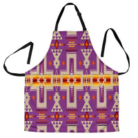 Purple tribal patterned apron with black neck and waist ties, multicolor design