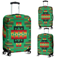 Green multicolor Native-style luggage cover on rolling suitcase, rear view