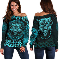 Viking Women's Off Shoulder Sweater - Fenrir Viking Cyan 3D RLT12 - Wonder Print Shop