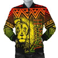 Yellow unisex bomber jacket with zip front, lion face graphic and tribal patterns
