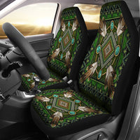 Green native mandala car seat covers, turquoise accents, black edging