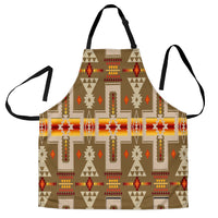 Light brown apron with multicolor tribal pattern, front bib and black neck straps