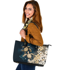 Kanaka Maoli (Hawaiian) Leather Tote - Sea Turtle Tropical Hibiscus and Plumeria Gold - Wonder Print Shop